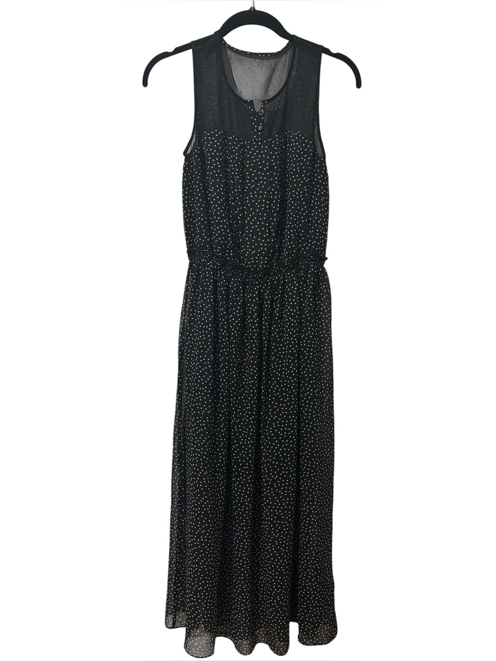 JACOB (XS) Sleeveless Black Polka Dot Midi Dress Mesh Flowy Lined Elastic Waist - Picture 14 of 15